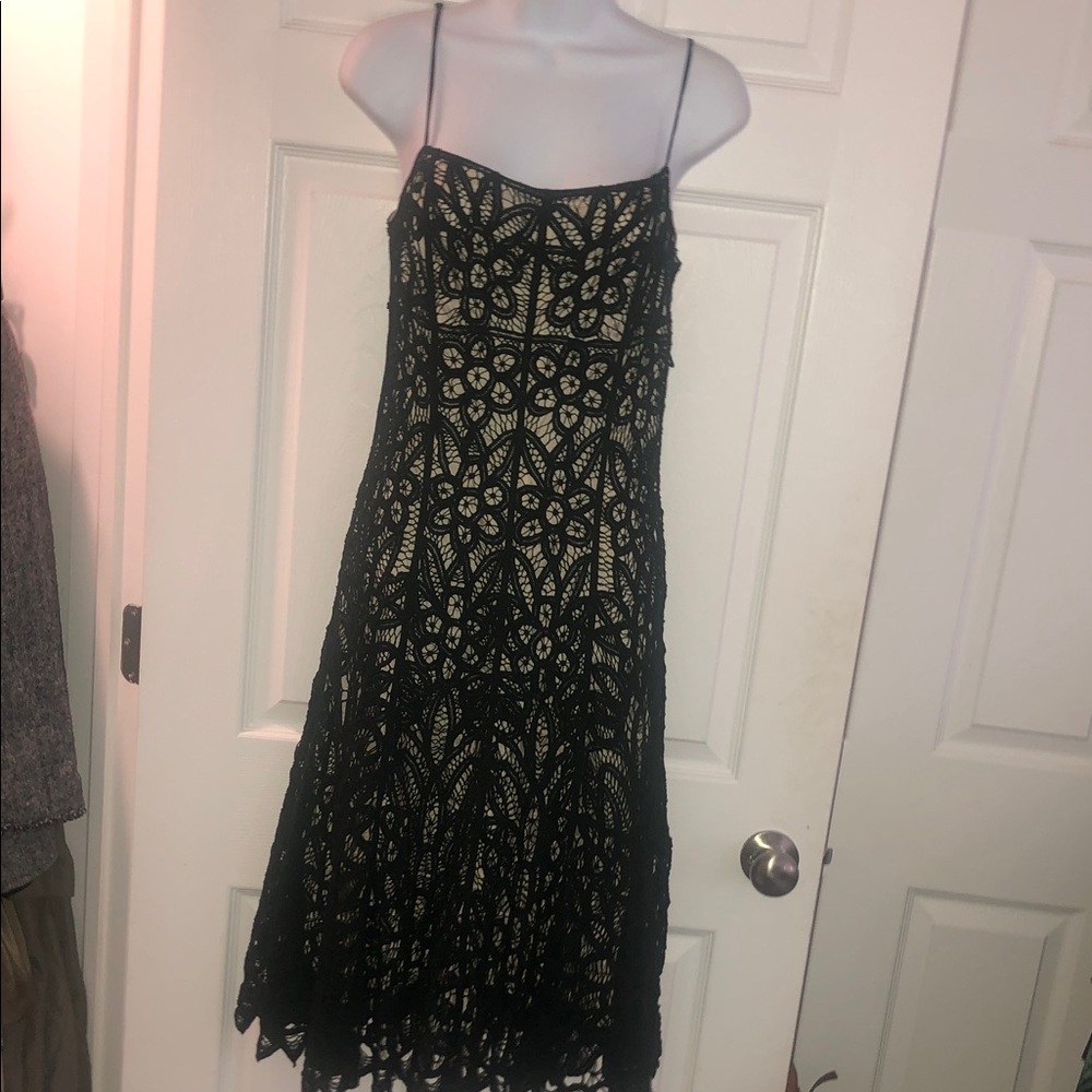 Betsey Johnson Black Lace Overlay Midi Dress with Nude Lining